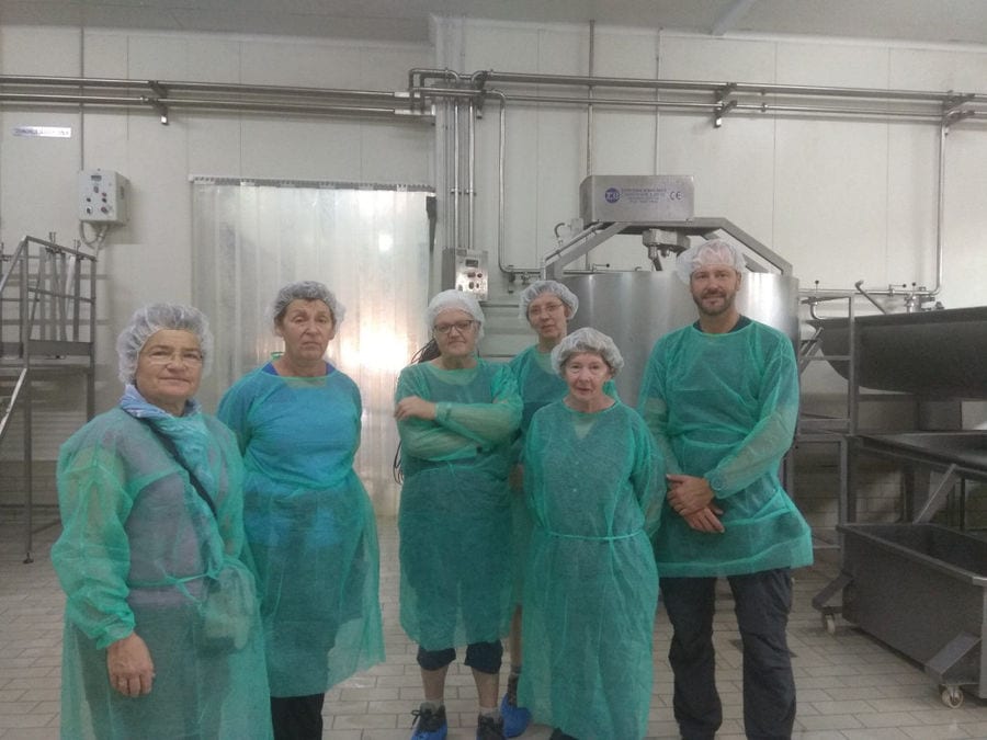 a group of women and a man dressed in working forms watching at the camera at 'Mystakelli Dairy' plant